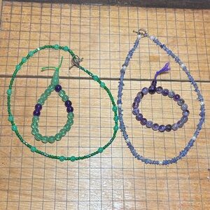 Pair 17”L Crystal, Glass Necklaces Amethyst and Green Colors, 2 Beaded Bracelets